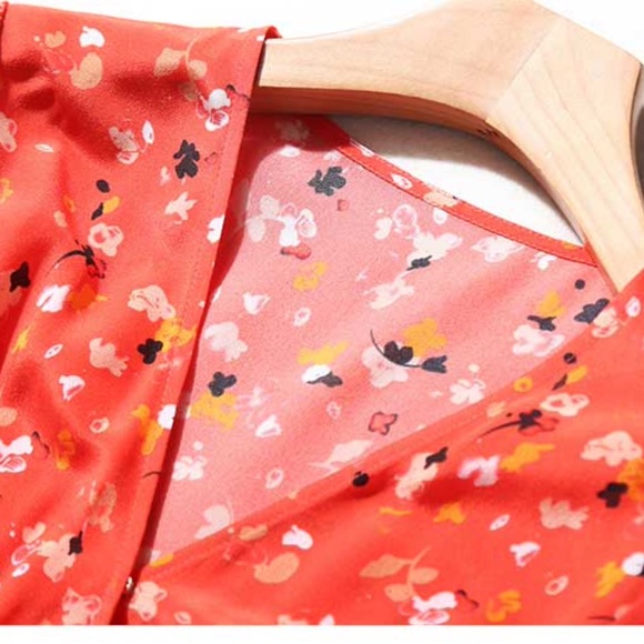 Boho Red Floral print Wrap Midi Dress gypsy - Picture 6 of 6